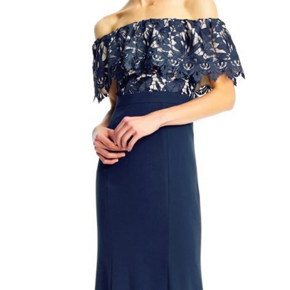 SOLD 2 Aidan Mattox Off Shoulder Blue Lace Gown - Picture 2 of 6